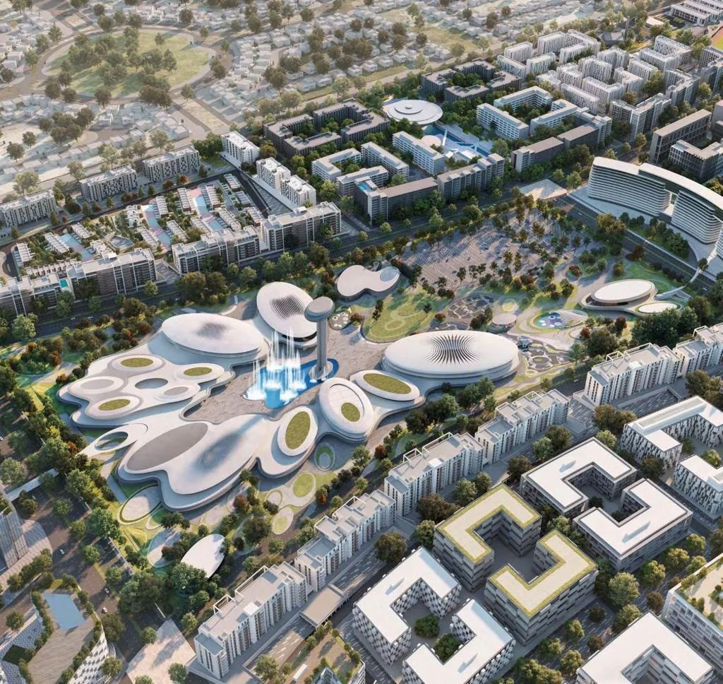 Vue aérienne du quartier Aljada et de son cœur commerçant, rendu du promoteur