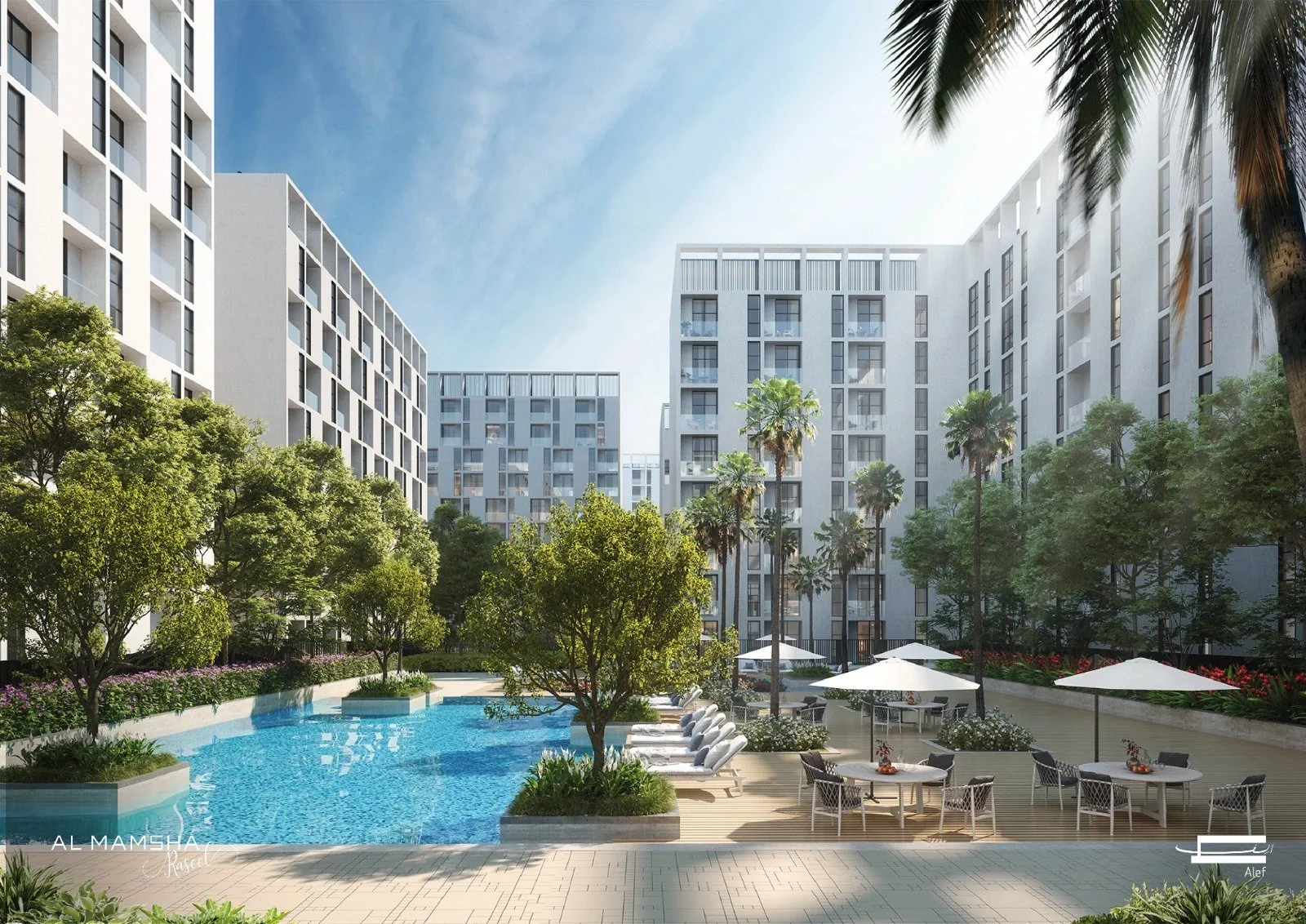 Piscine et jardins entre les immeubles d'Al Mamsha, rendu du promoteur