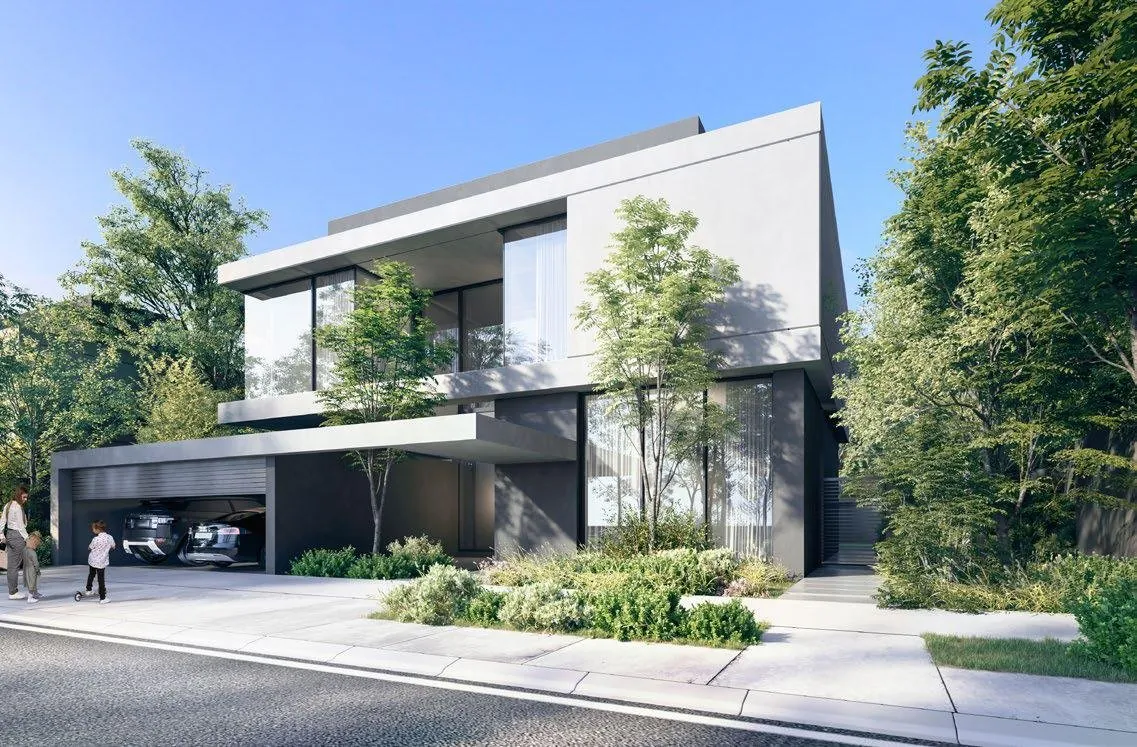 Villa contemporaine et son allée arborée à Masaar, rendu du promoteur
