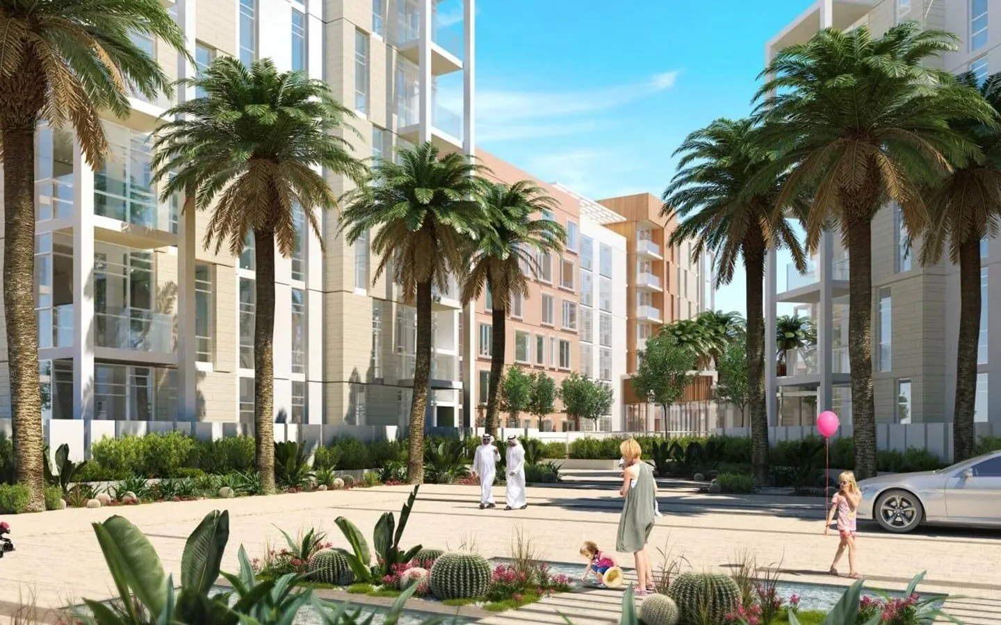 Rue piétonne bordée de palmiers à Uptown Al Zahia, rendu du promoteur